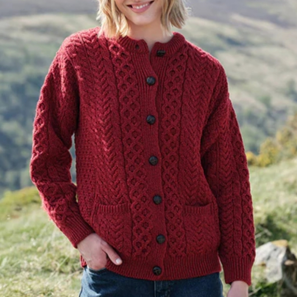 Aran Classic Red Burgundy Cable Knit Sweater Cardigan Sz M Fisherman Outdoors